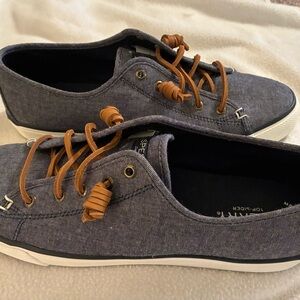 Sperry Topsiders Women’s Chambray Navy Blue Boat Shoes Resort Beach EUC Size 10